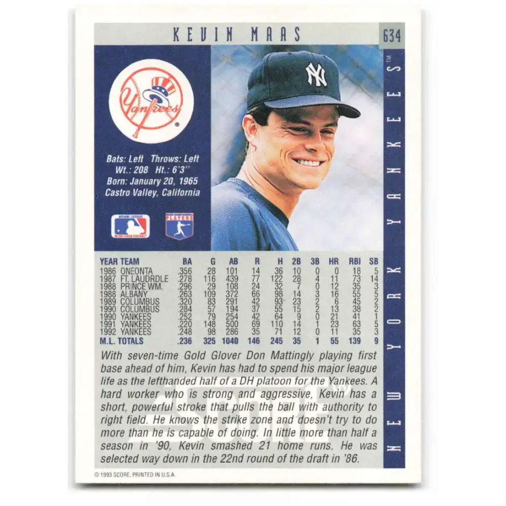 1993 Score #634 Kevin Maas NM-MT New York Yankees Baseball Card - Baseball Card Single