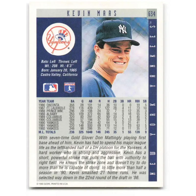 1993 Score #634 Kevin Maas NM-MT New York Yankees Baseball Card - Baseball Card Single