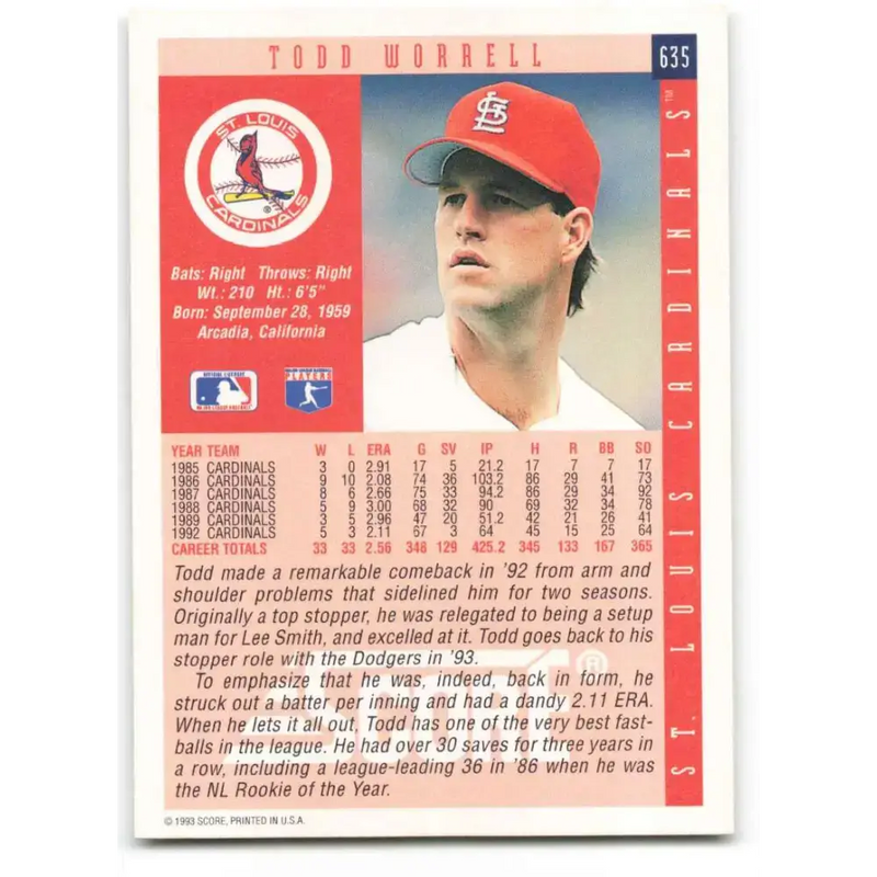 1993 Score #635 Todd Worrell NM-MT St. Louis Cardinals Baseball Card - Baseball Card Single