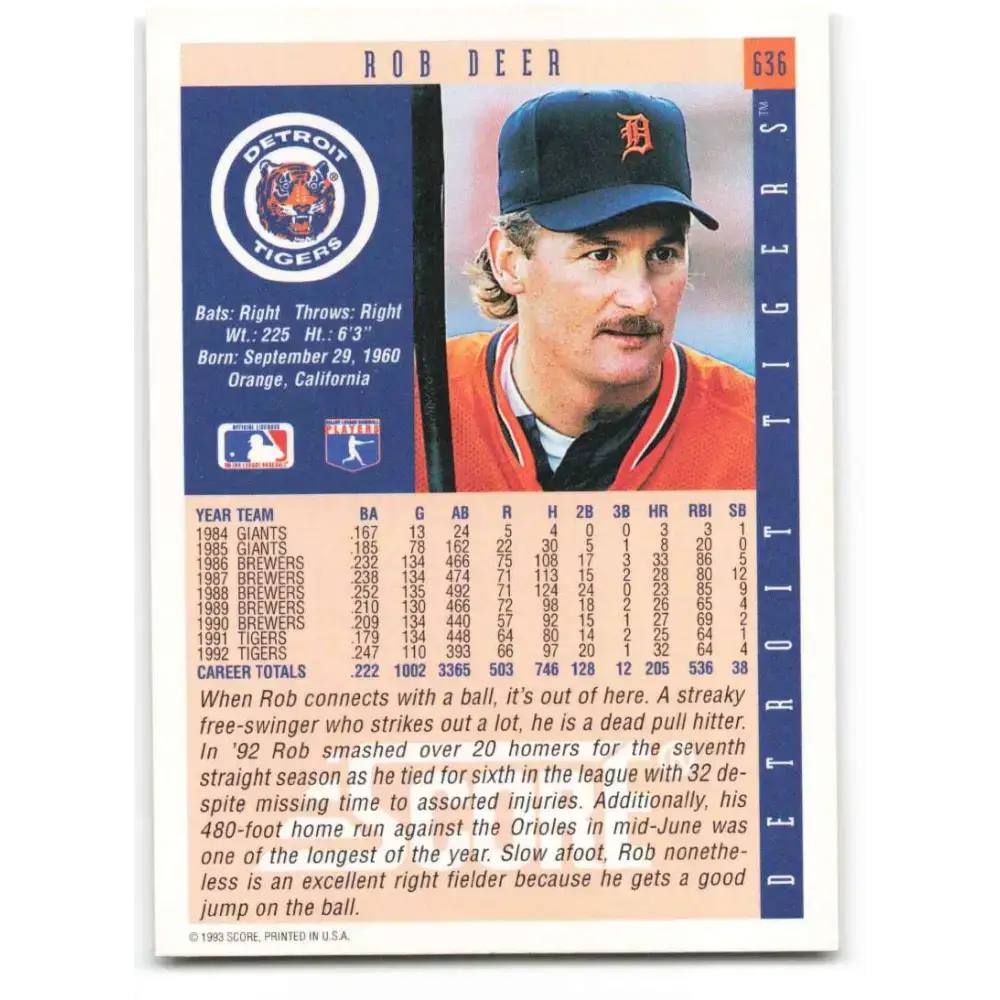 1993 Score #636 Rob Deer NM-MT Detroit Tigers Baseball Card - Baseball Card Single