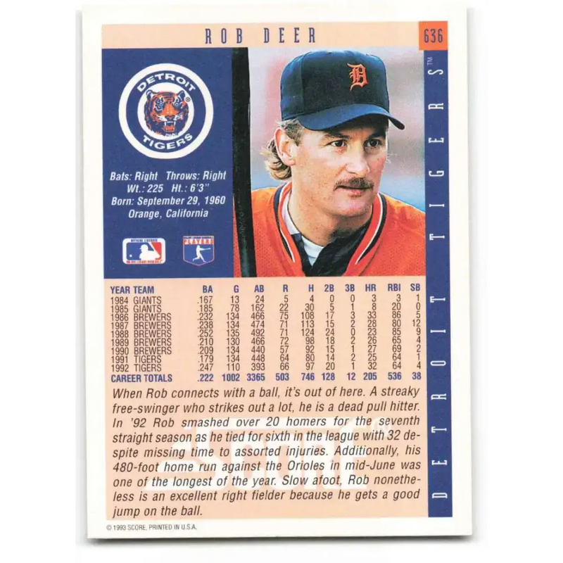 1993 Score #636 Rob Deer NM-MT Detroit Tigers Baseball Card - Baseball Card Single