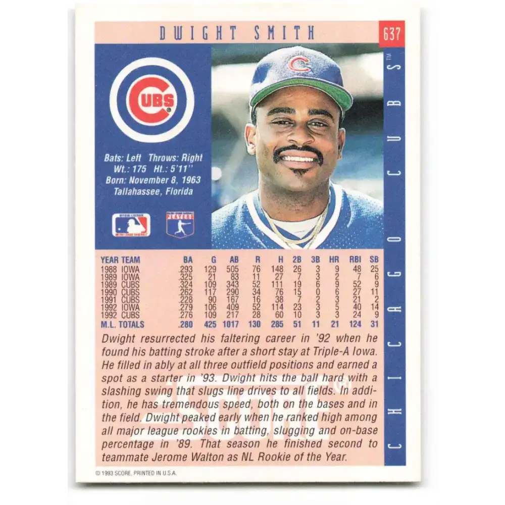 1993 Score #637 Dwight Smith NM-MT Chicago Cubs Baseball Card - Baseball Card Single