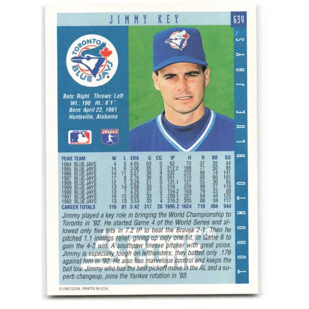 1993 Score #639 Jimmy Key NM-MT Toronto Blue Jays Baseball Card - Baseball Card Single