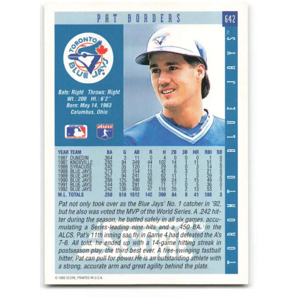 1993 Score #642 Pat Borders NM-MT Toronto Blue Jays Baseball Card - Baseball Card Single