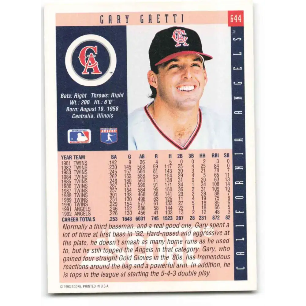 1993 Score #644 Gary Gaetti NM-MT California Angels Baseball Card - Baseball Card Single