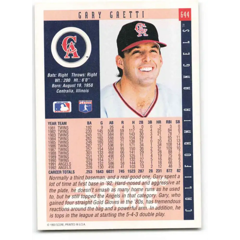 1993 Score #644 Gary Gaetti NM-MT California Angels Baseball Card - Baseball Card Single