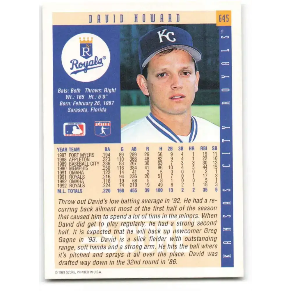 1993 Score #645 David Howard NM-MT Kansas City Royals Baseball Card - Baseball Card Single