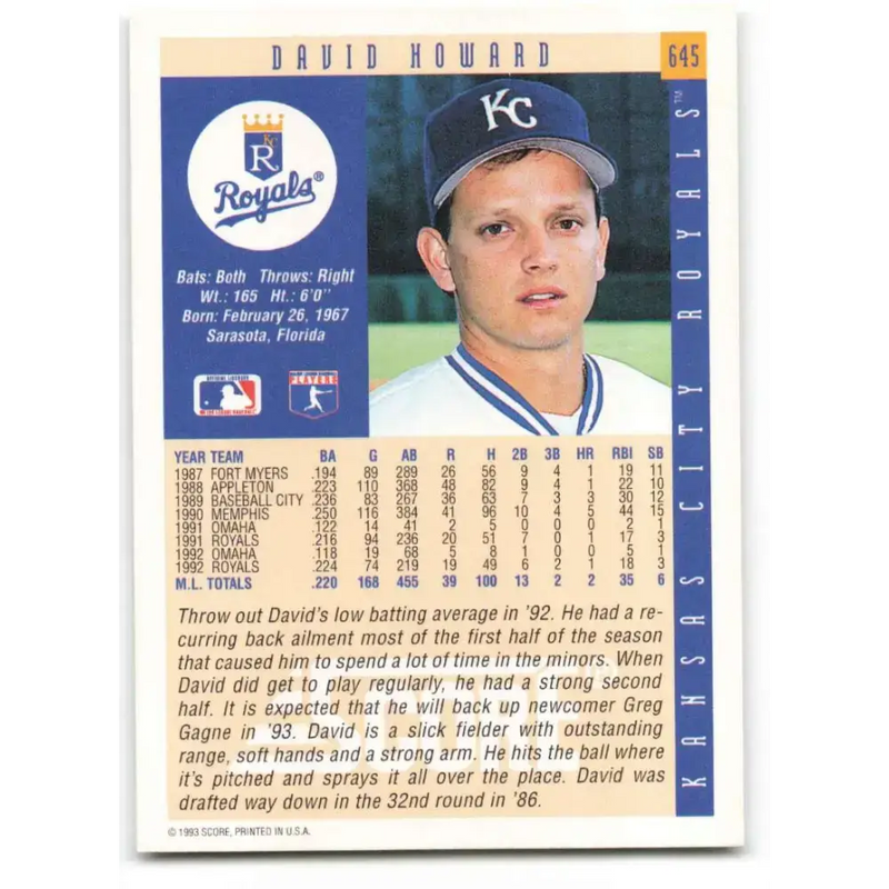 1993 Score #645 David Howard NM-MT Kansas City Royals Baseball Card - Baseball Card Single