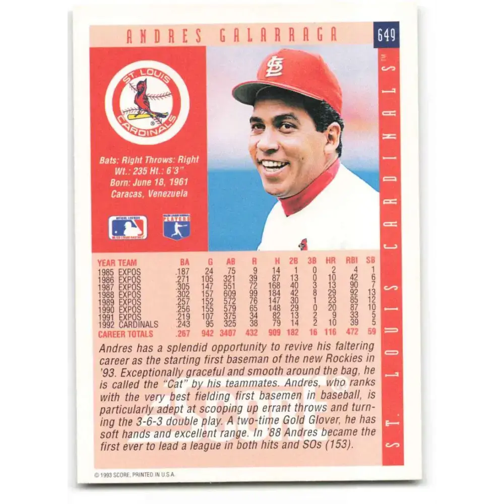 1993 Score #649 Andres Galarraga NM-MT St. Louis Cardinals Baseball Card - Baseball Card Single