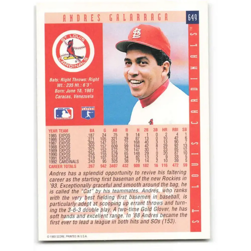1993 Score #649 Andres Galarraga NM-MT St. Louis Cardinals Baseball Card - Baseball Card Single
