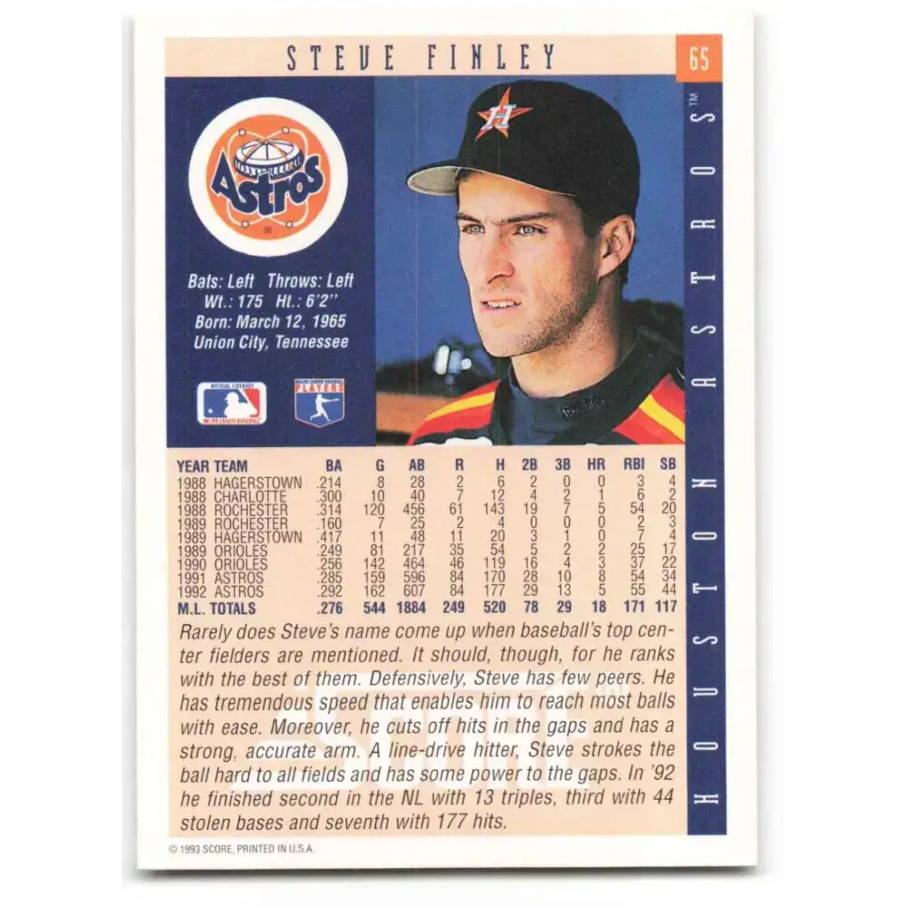 1993 Score #65 Steve Finley NM-MT Houston Astros Baseball Card - Baseball Card Single