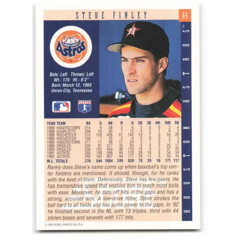 1993 Score #65 Steve Finley NM-MT Houston Astros Baseball Card - Baseball Card Single