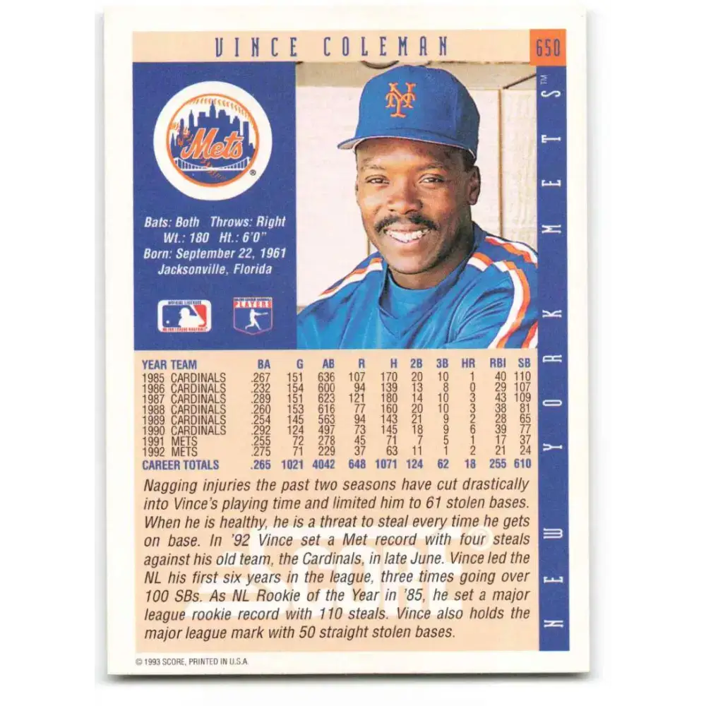 1993 Score #650 Vince Coleman NM-MT New York Mets Baseball Card - Baseball Card Single