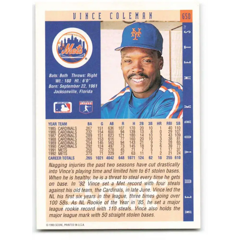 1993 Score #650 Vince Coleman NM-MT New York Mets Baseball Card - Baseball Card Single