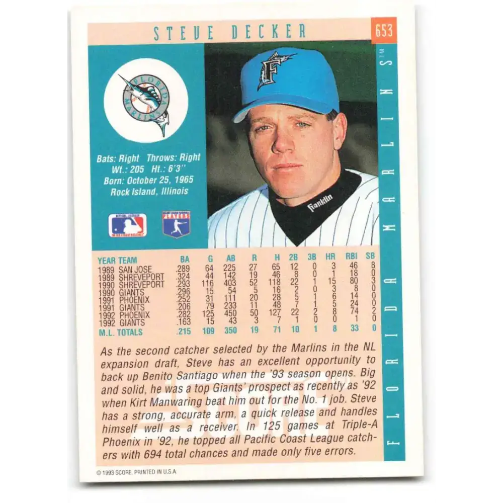 1993 Score #653 Steve Decker NM-MT Florida Marlins Baseball Card - Baseball Card Single