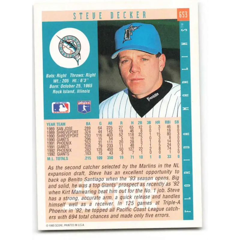 1993 Score #653 Steve Decker NM-MT Florida Marlins Baseball Card - Baseball Card Single