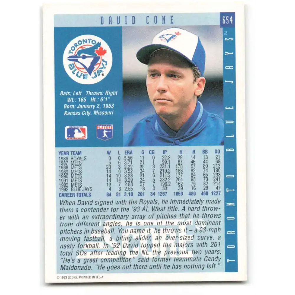 1993 Score #654 David Cone NM-MT Toronto Blue Jays Baseball Card - Baseball Card Single