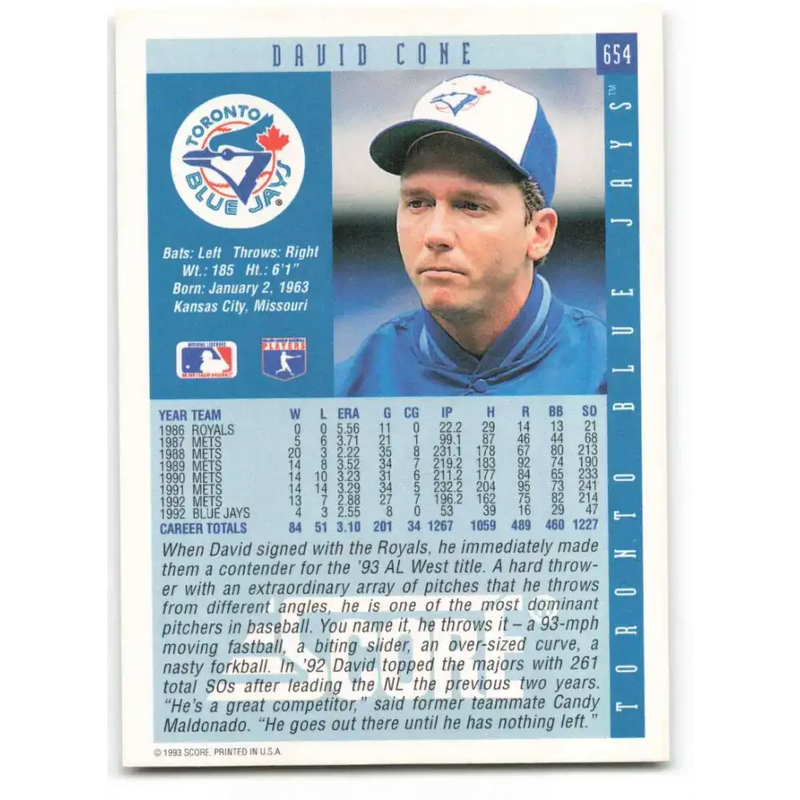 1993 Score #654 David Cone NM-MT Toronto Blue Jays Baseball Card - Baseball Card Single