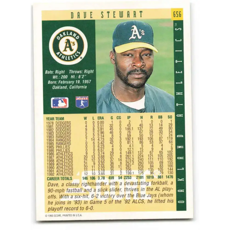 1993 Score #656 Dave Stewart NM-MT Oakland Athletics Baseball Card - Baseball Card Single