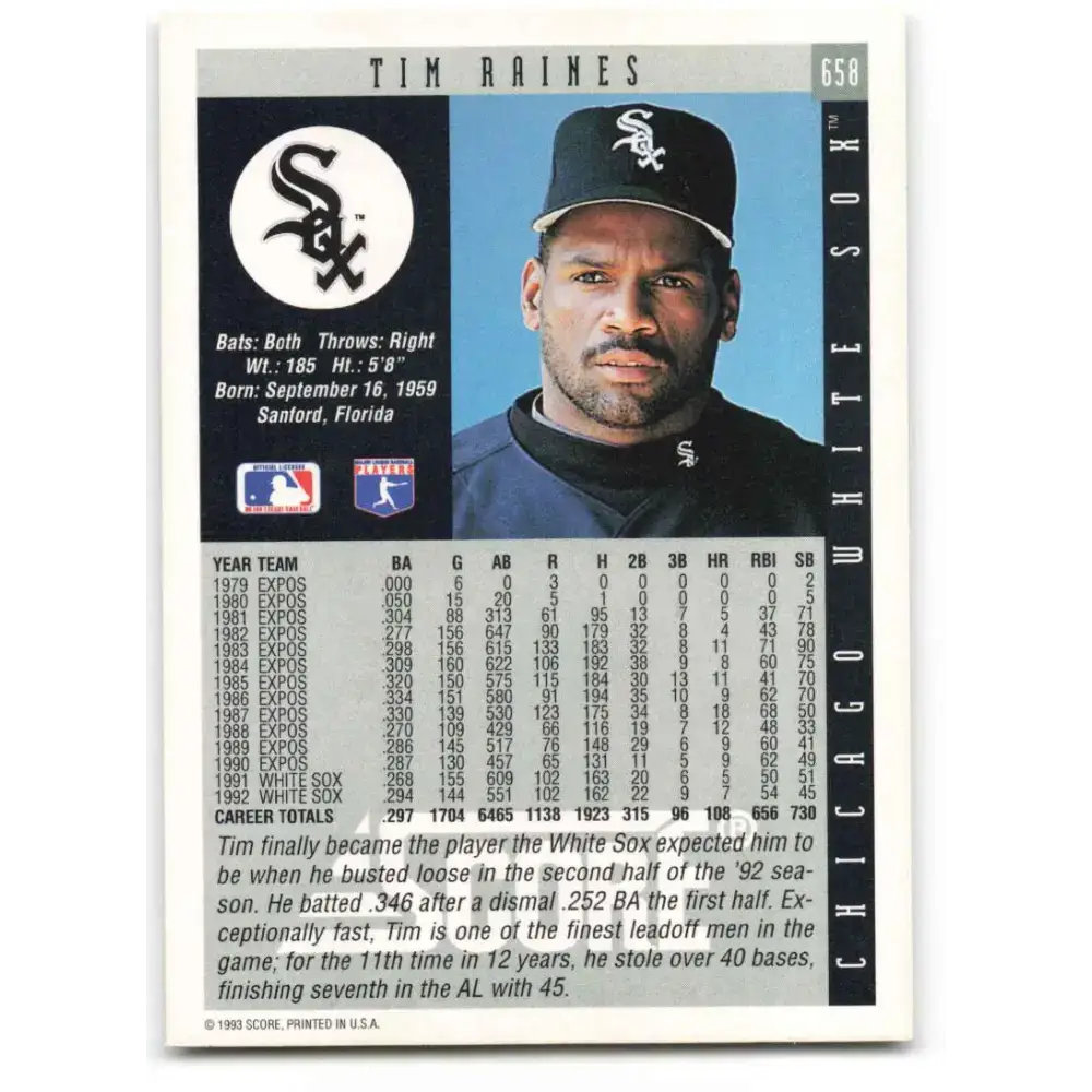 1993 Score #658 Tim Raines NM-MT Chicago White Sox Baseball Card - Baseball Card Single
