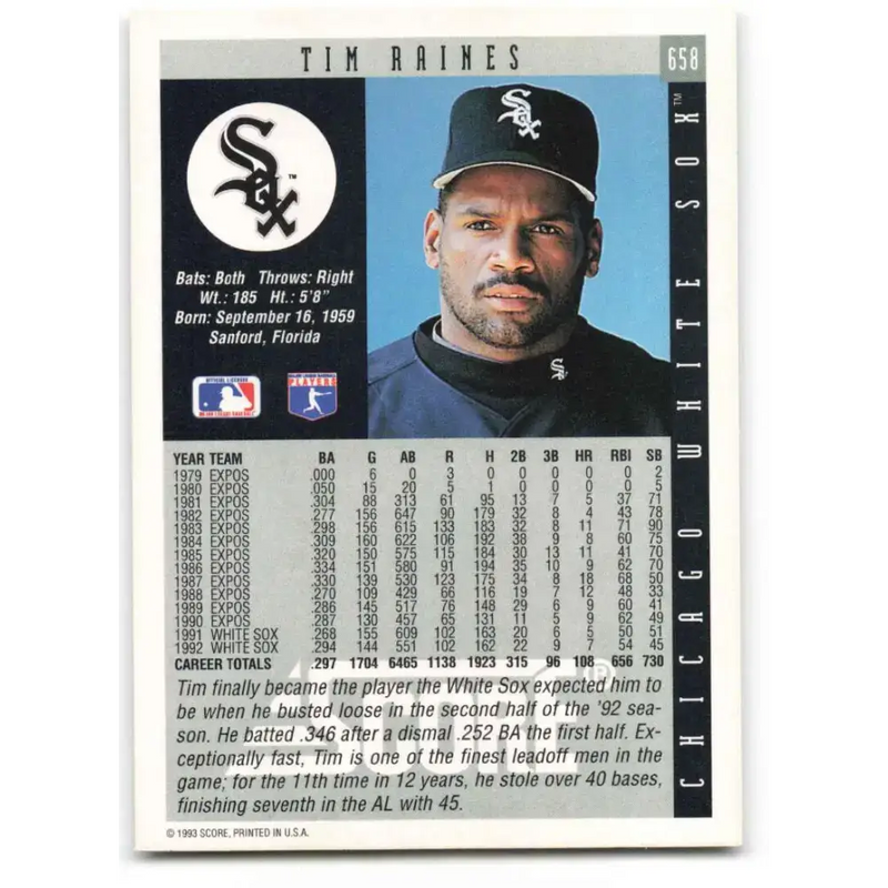 1993 Score #658 Tim Raines NM-MT Chicago White Sox Baseball Card - Baseball Card Single