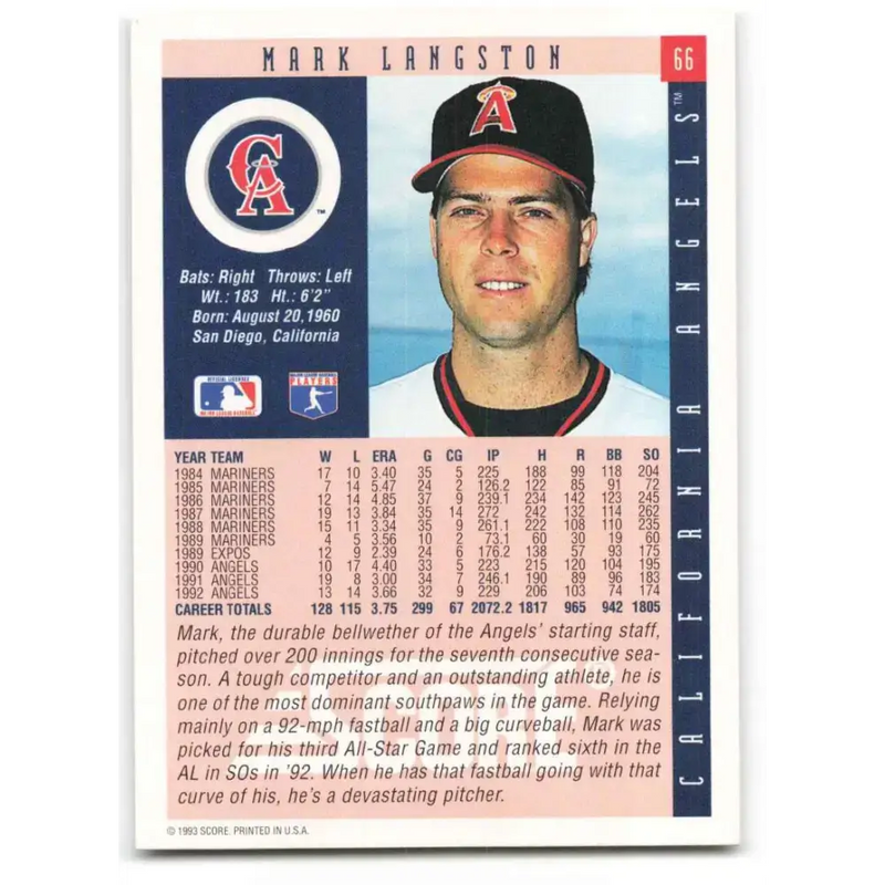 1993 Score #66 Mark Langston NM-MT California Angels Baseball Card - Baseball Card Single