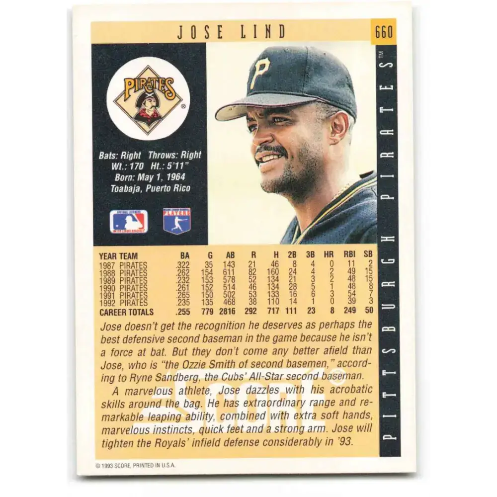 1993 Score #660 Jose Lind NM-MT Pittsburgh Pirates Baseball Card - Baseball Card Single