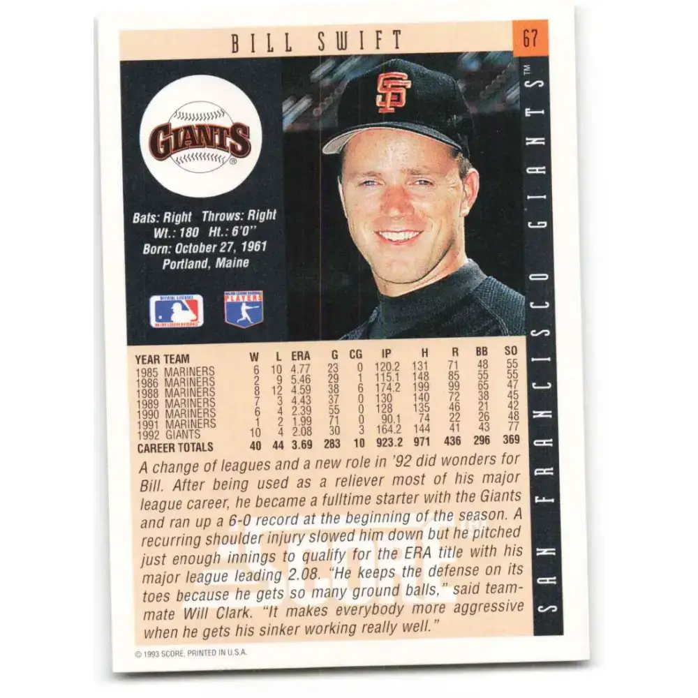 1993 Score #67 Bill Swift NM-MT San Francisco Giants Baseball Card - Baseball Card Single