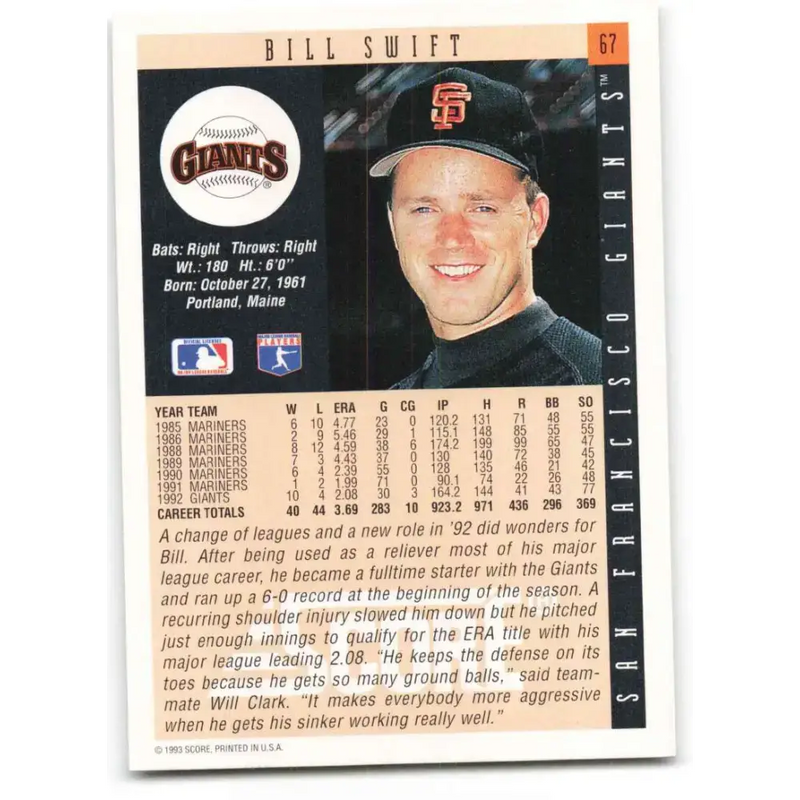 1993 Score #67 Bill Swift NM-MT San Francisco Giants Baseball Card - Baseball Card Single