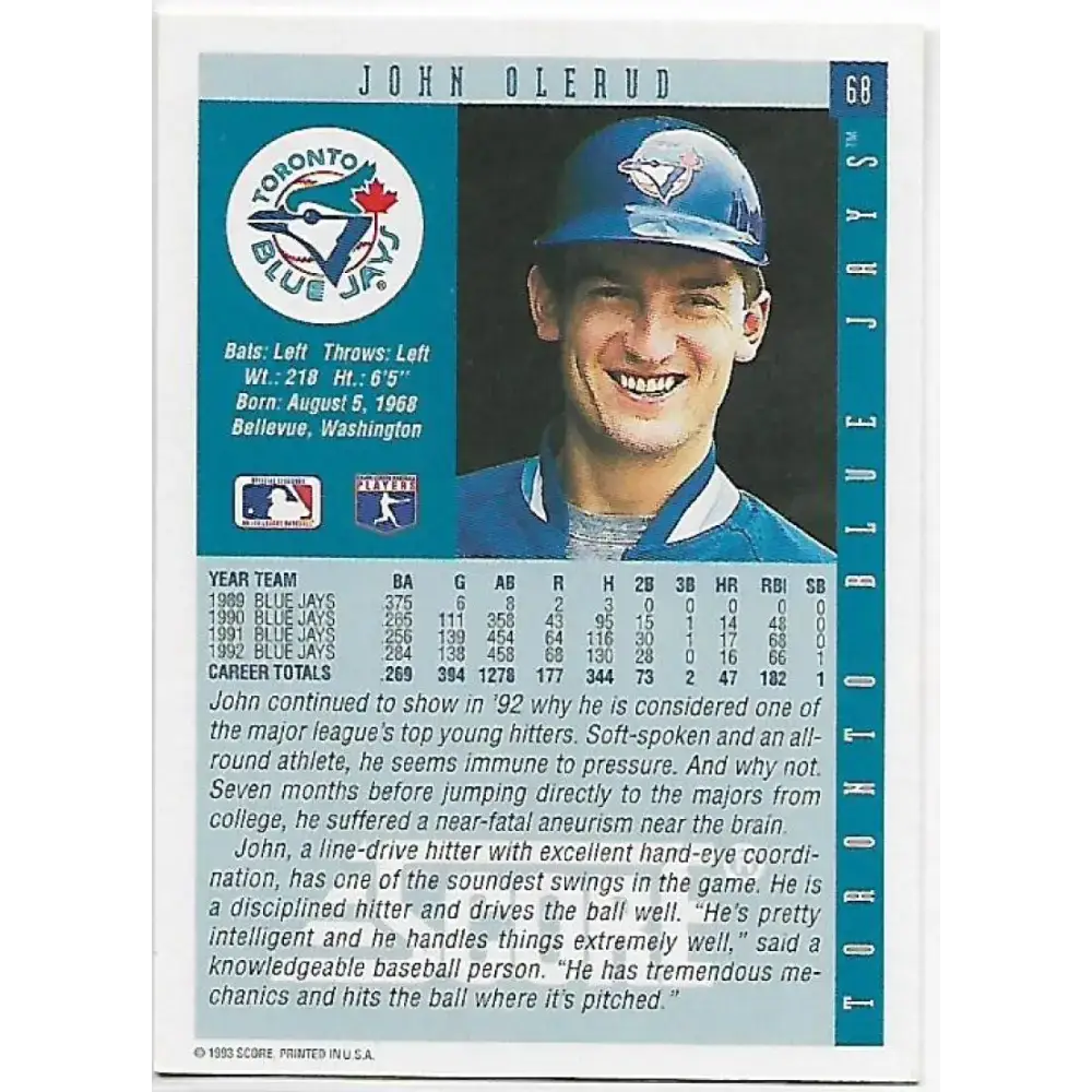 1993 Score #68 John Olerud NM-MT Toronto Blue Jays Baseball Card - Baseball Card Single