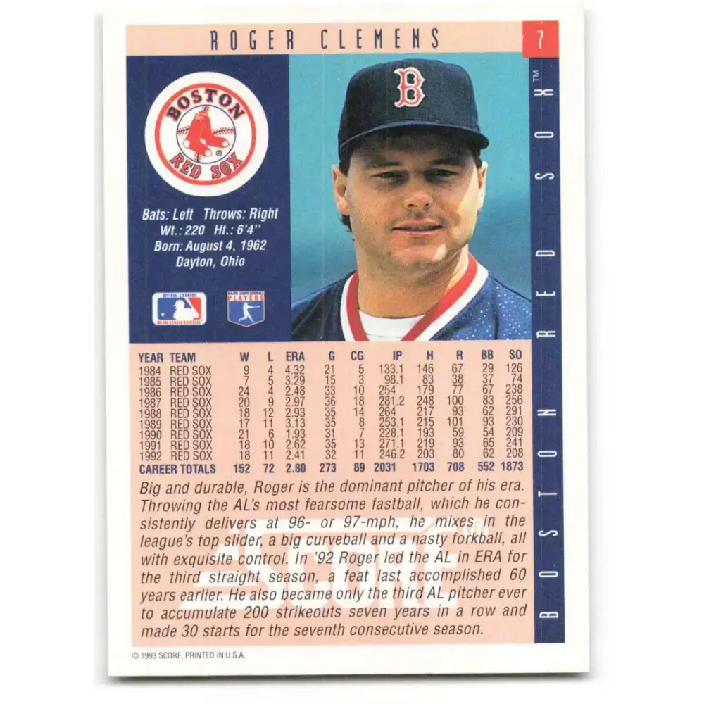 1993 Score #7 Roger Clemens NM-MT Boston Red Sox Baseball Card - Baseball Card Single