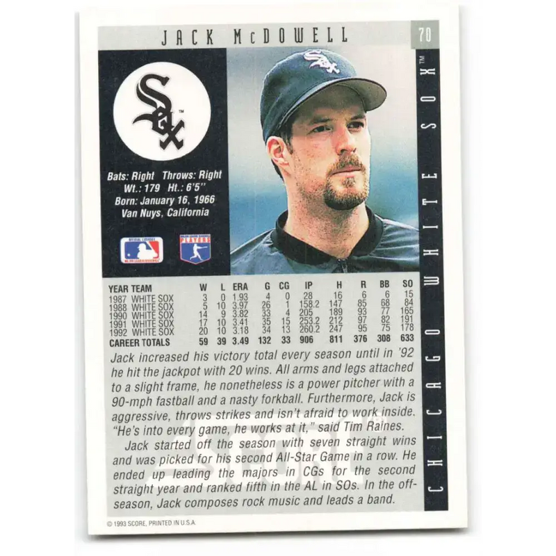 1993 Score #70 Jack McDowell NM-MT Chicago White Sox Baseball Card - Baseball Card Single