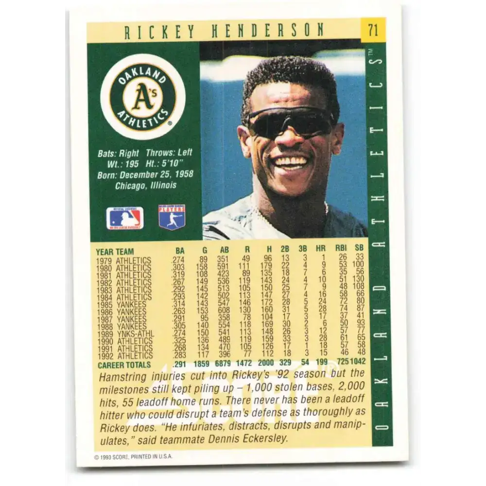 1993 Score #71 Rickey Henderson NM-MT Oakland Athletics Baseball Card - Baseball Card Single