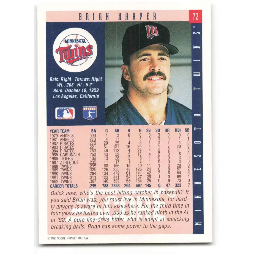 1993 Score #72 Brian Harper NM-MT Minnesota Twins Baseball Card - Baseball Card Single