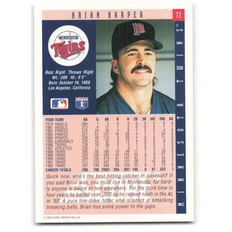 1993 Score #72 Brian Harper NM-MT Minnesota Twins Baseball Card - Baseball Card Single