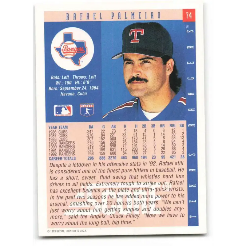 1993 Score #74 Rafael Palmeiro NM-MT Texas Rangers Baseball Card - Baseball Card Single