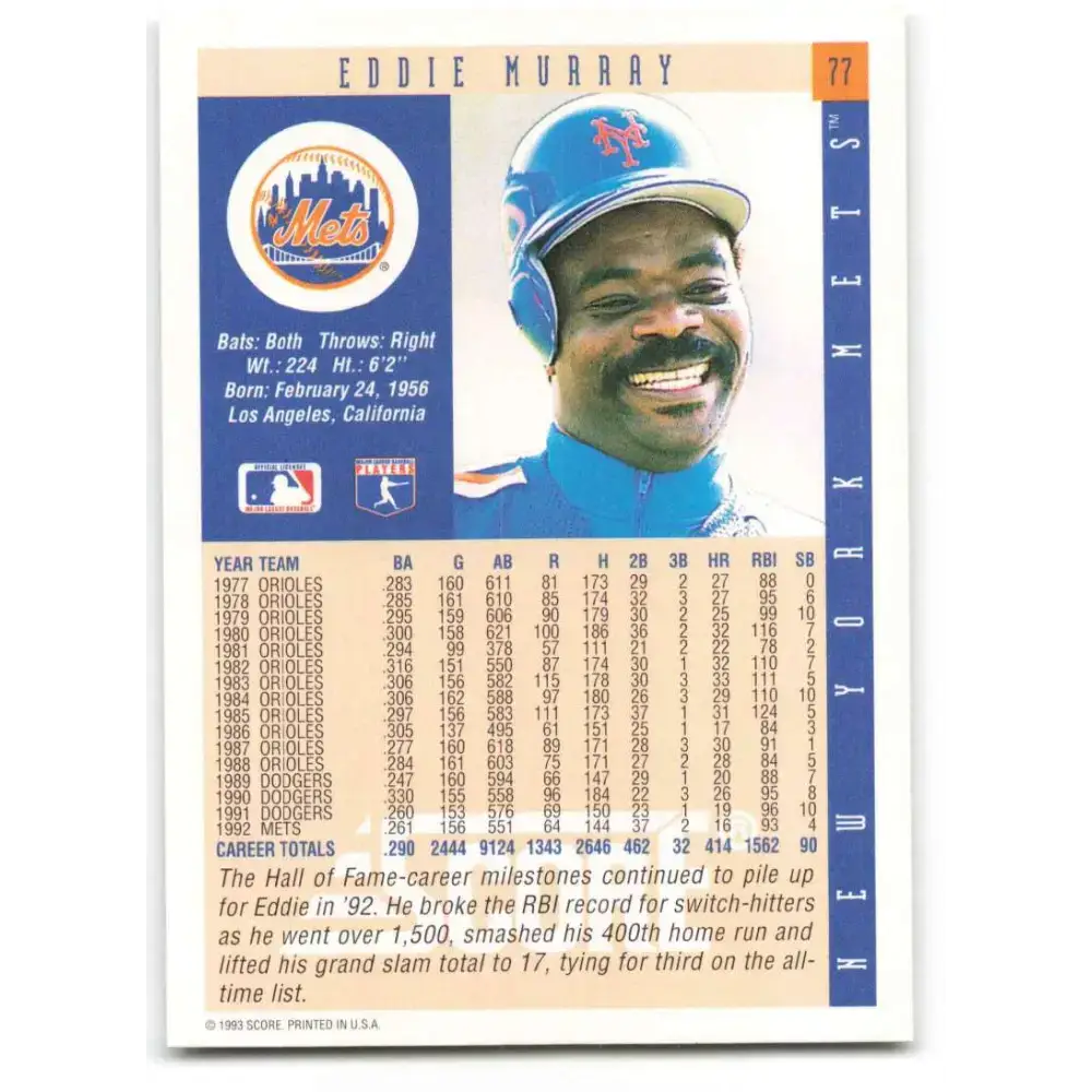1993 Score #77 Eddie Murray NM-MT New York Mets Baseball Card - Baseball Card Single