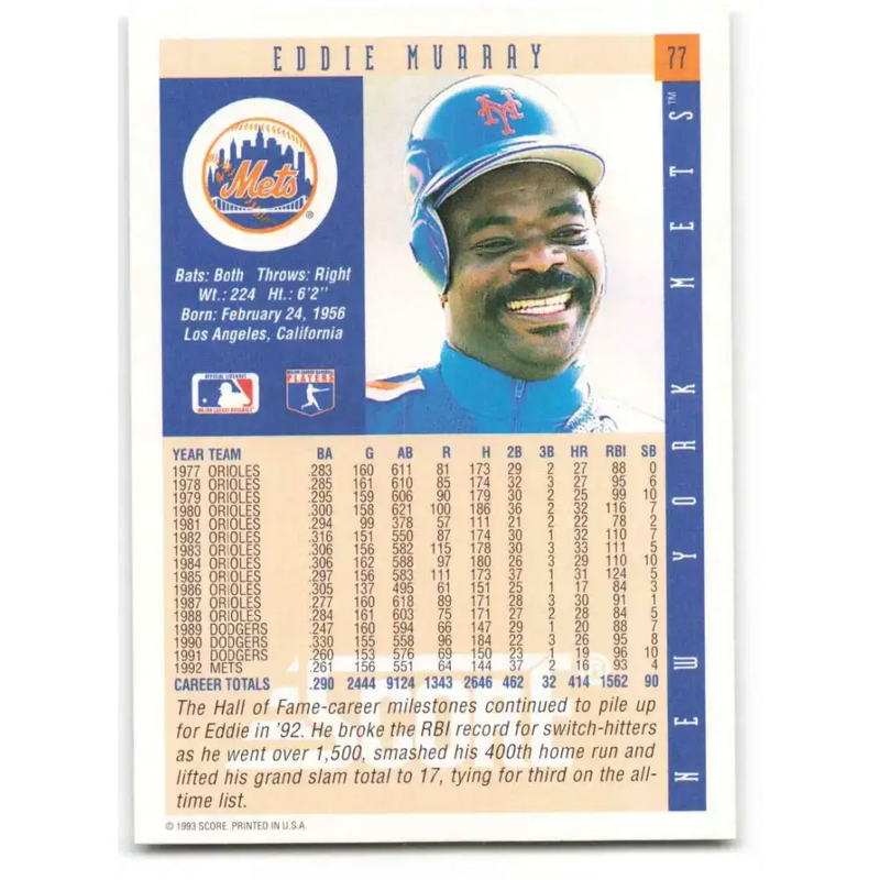 1993 Score #77 Eddie Murray NM-MT New York Mets Baseball Card - Baseball Card Single