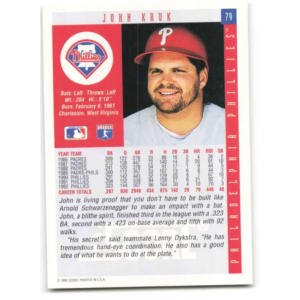 1993 Score #79 John Kruk NM-MT Philadelphia Phillies Baseball Card - Baseball Card Single