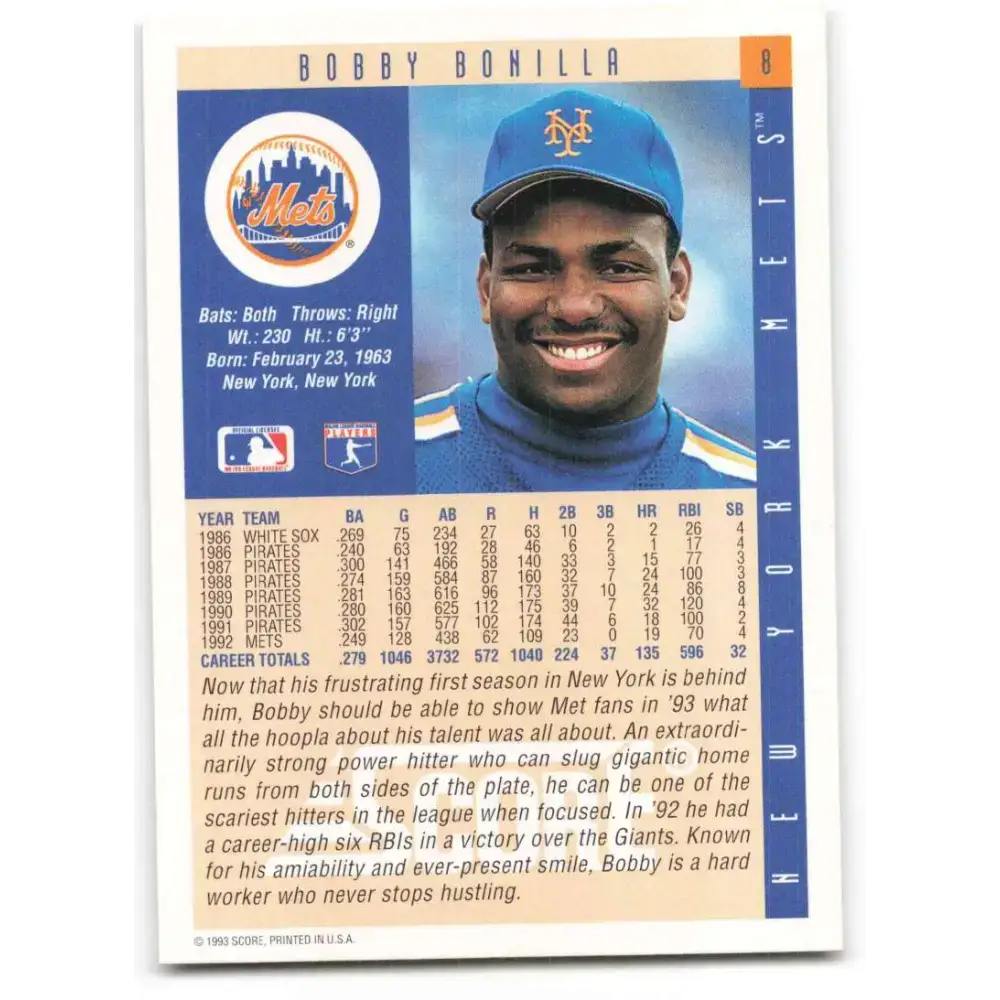 1993 Score #8 Bobby Bonilla NM-MT New York Mets Baseball Card - Baseball Card Single