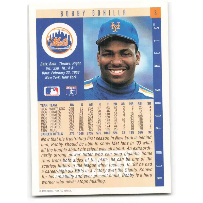1993 Score #8 Bobby Bonilla NM-MT New York Mets Baseball Card - Baseball Card Single