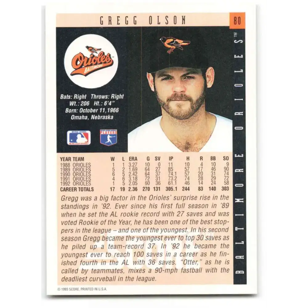 1993 Score #80 Gregg Olson NM-MT Baltimore Orioles Baseball Card - Baseball Card Single