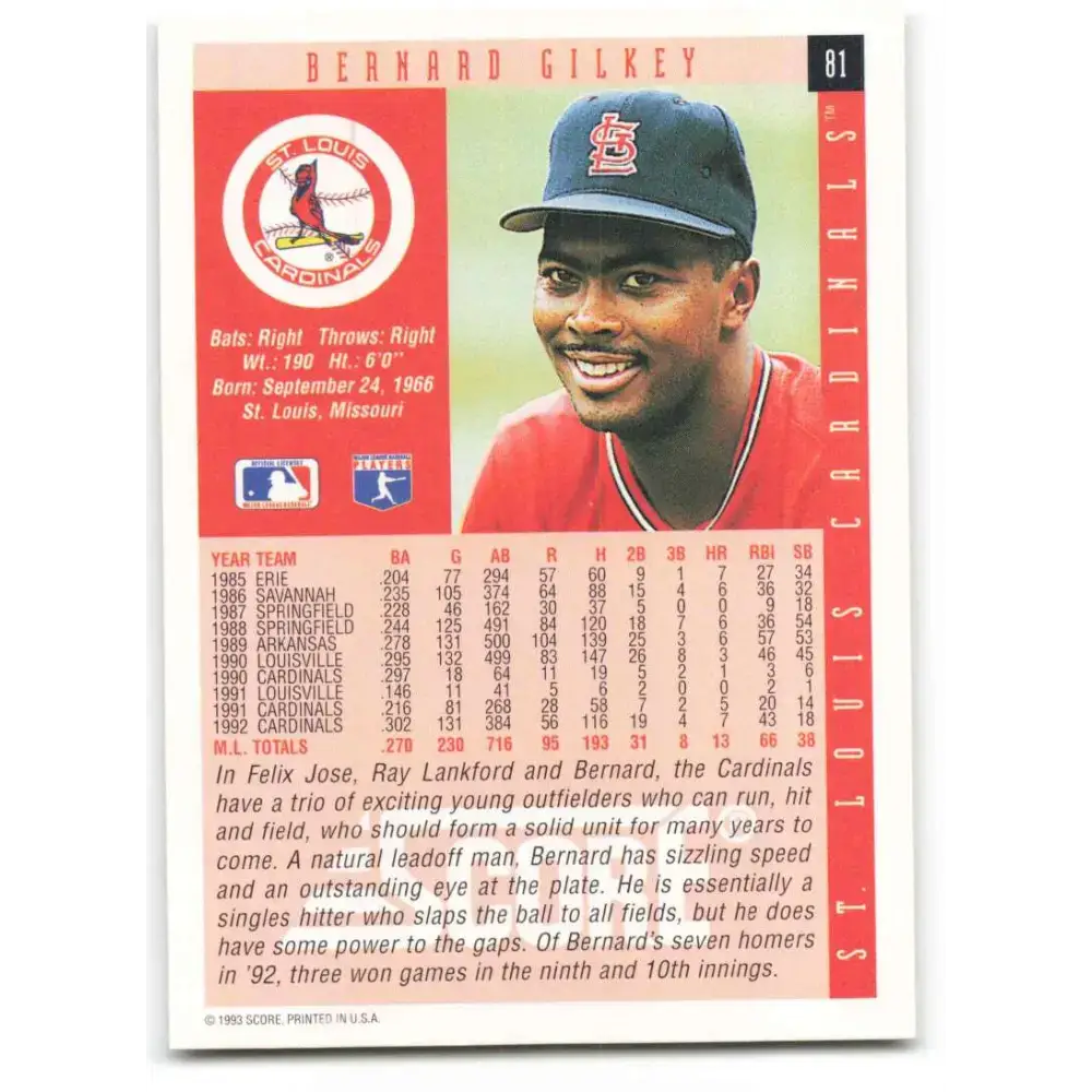 1993 Score #81 Bernard Gilkey NM-MT St. Louis Cardinals Baseball Card - Baseball Card Single