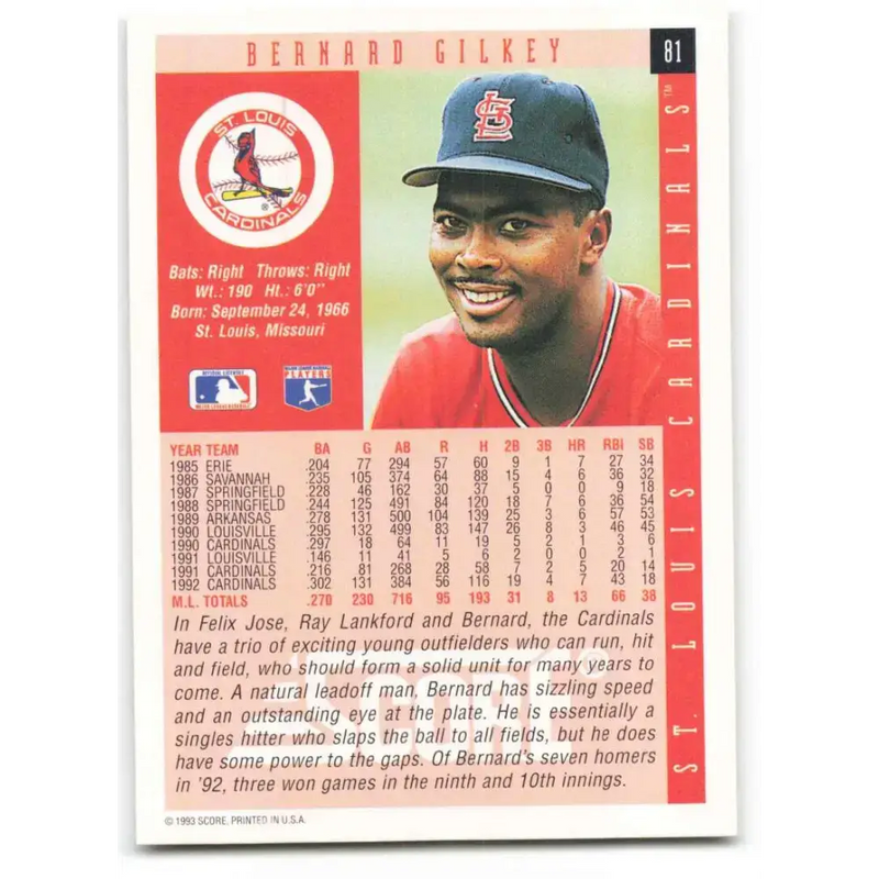 1993 Score #81 Bernard Gilkey NM-MT St. Louis Cardinals Baseball Card - Baseball Card Single