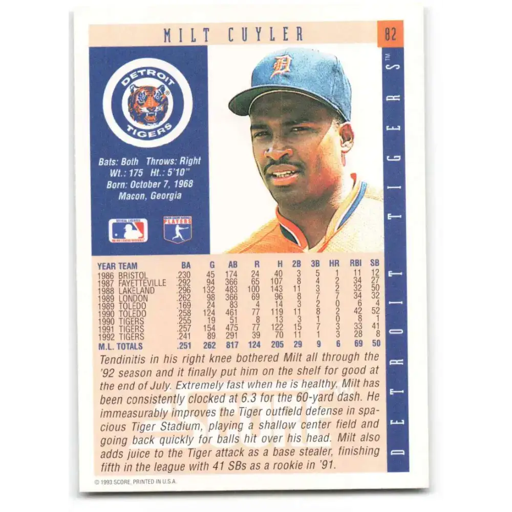 1993 Score #82 Milt Cuyler NM-MT Detroit Tigers Baseball Card - Baseball Card Single