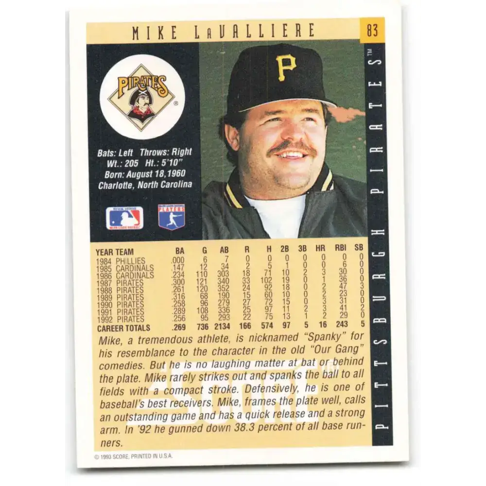 1993 Score #83 Mike LaValliere NM-MT Pittsburgh Pirates Baseball Card - Baseball Card Single