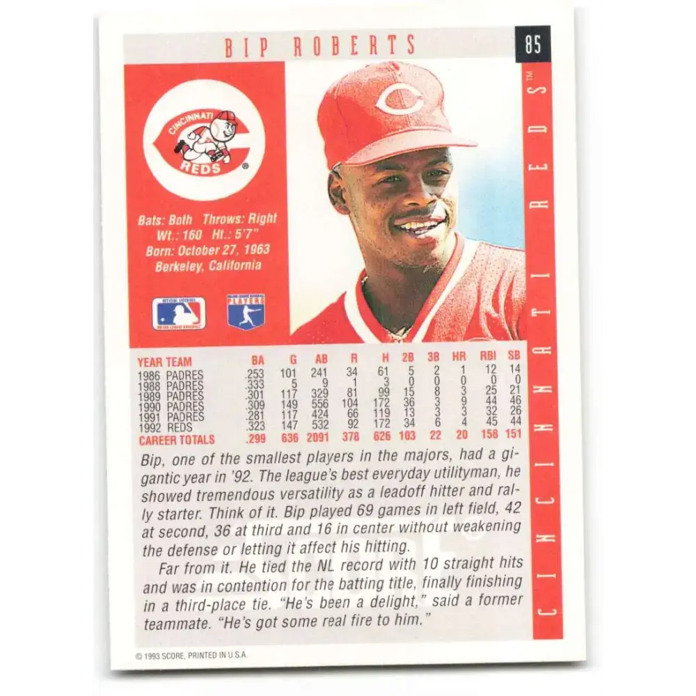 1993 Score #85 Bip Roberts NM-MT Cincinnati Reds Baseball Card - Baseball Card Single