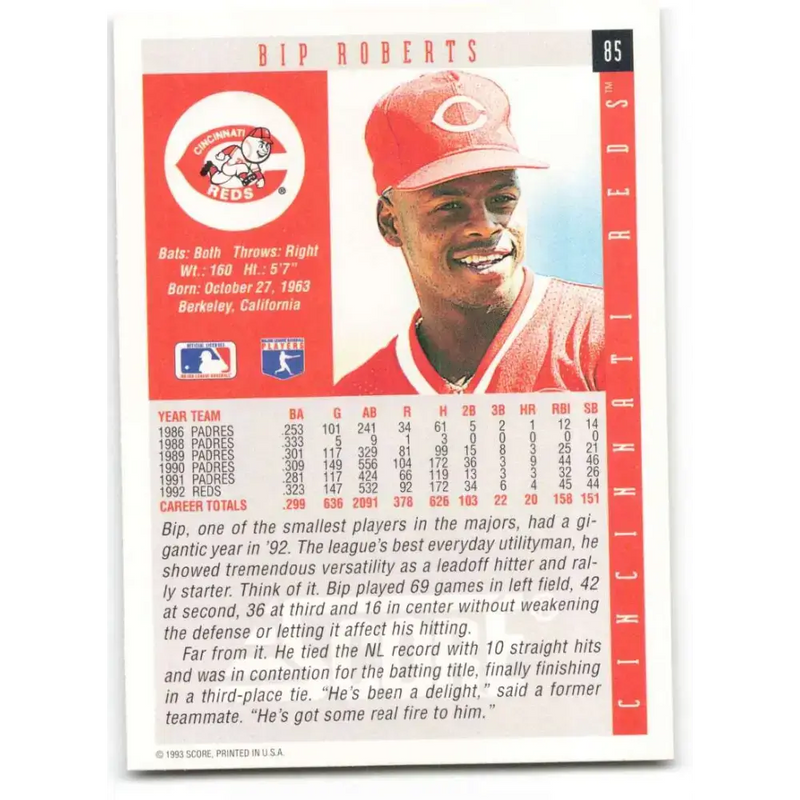 1993 Score #85 Bip Roberts NM-MT Cincinnati Reds Baseball Card - Baseball Card Single