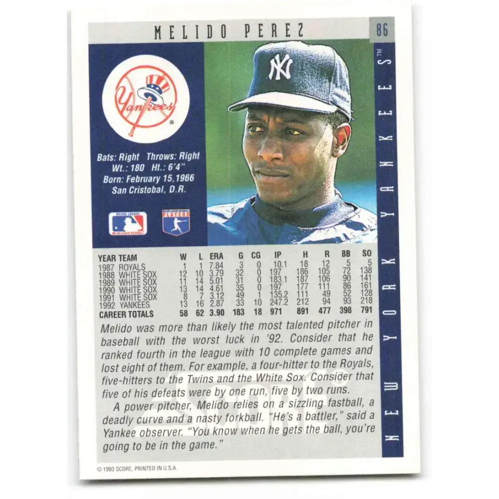 1993 Score #86 Melido Perez NM-MT New York Yankees Baseball Card - Baseball Card Single