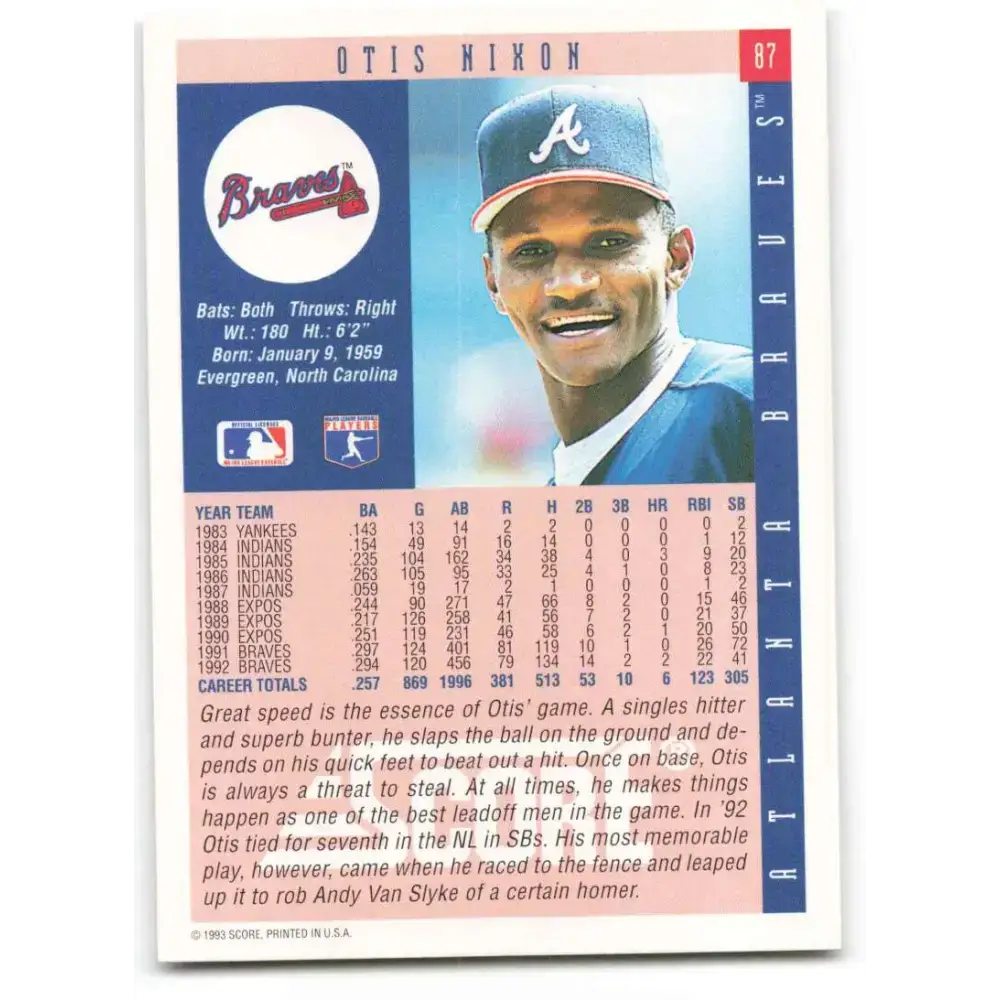 1993 Score #87 Otis Nixon NM-MT Atlanta Braves Baseball Card - Baseball Card Single